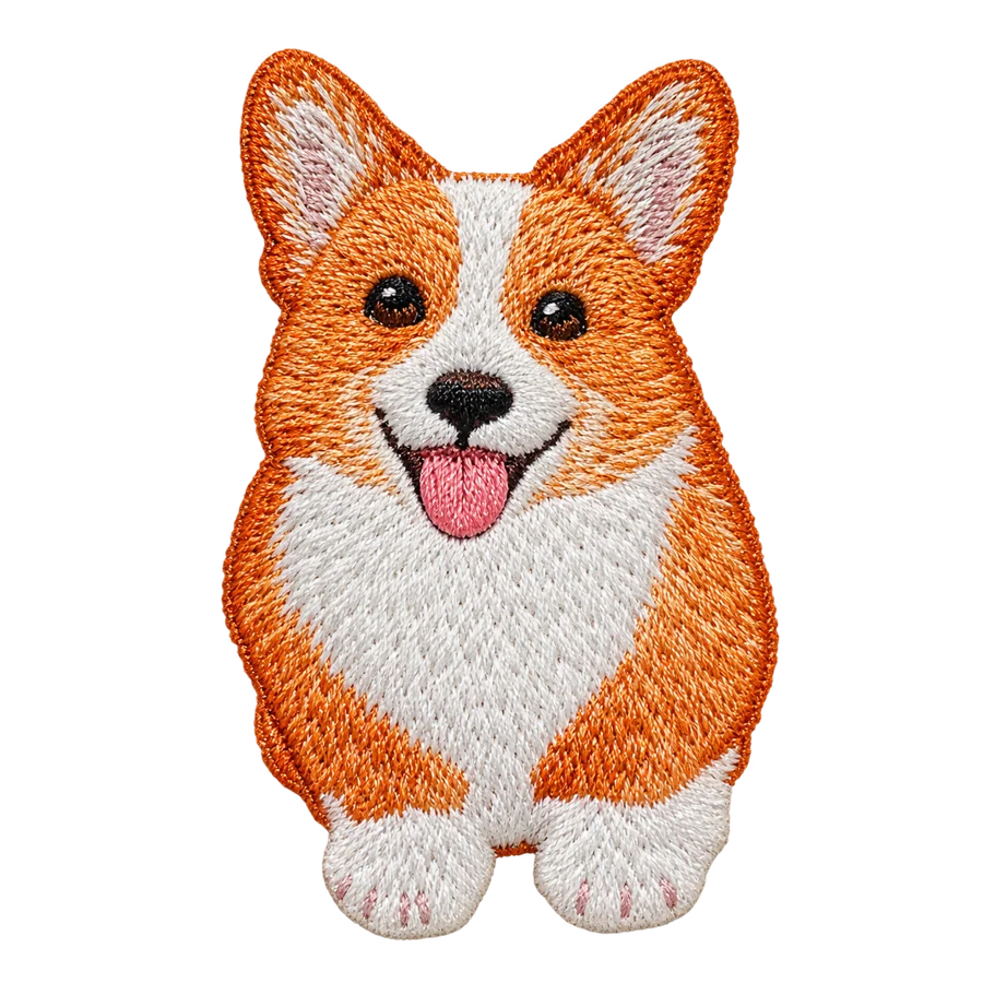 Illustrative corgi portrait stitched in thread