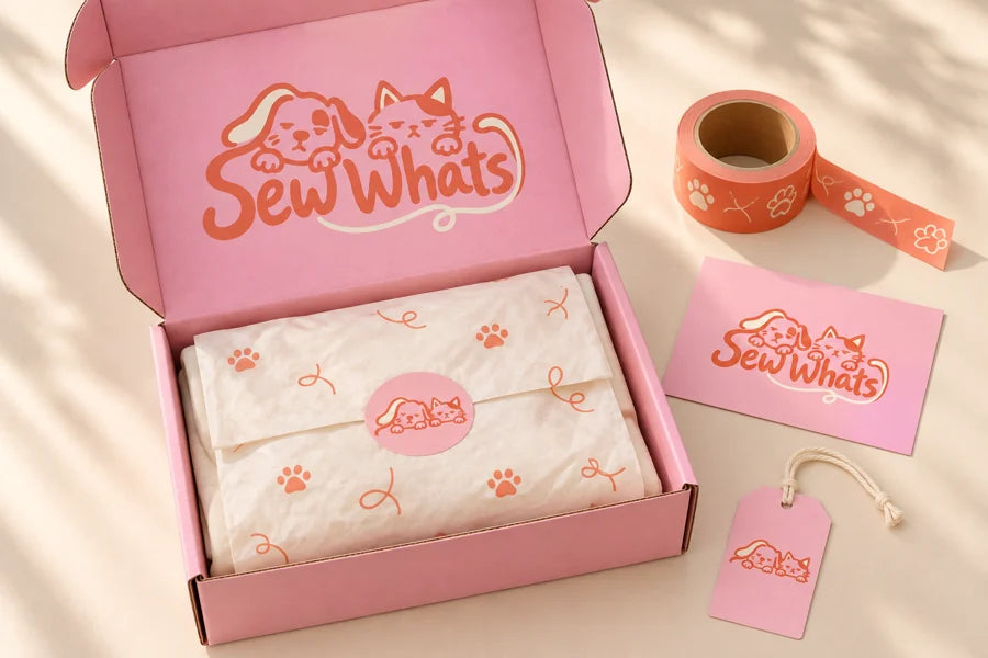 Sew Whats pink gift packaging concept