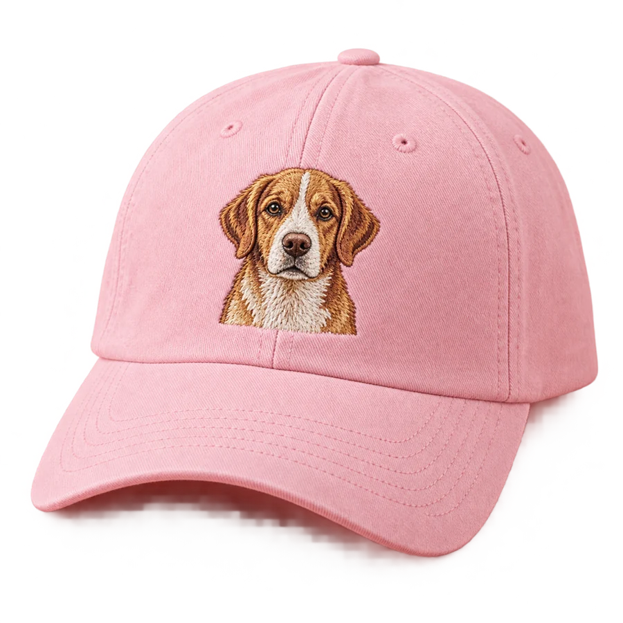 Illustrative pink cap with a front-facing embroidered pet portrait