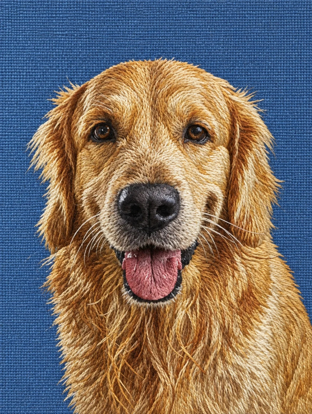 Illustrative embroidered version of the same golden retriever portrait