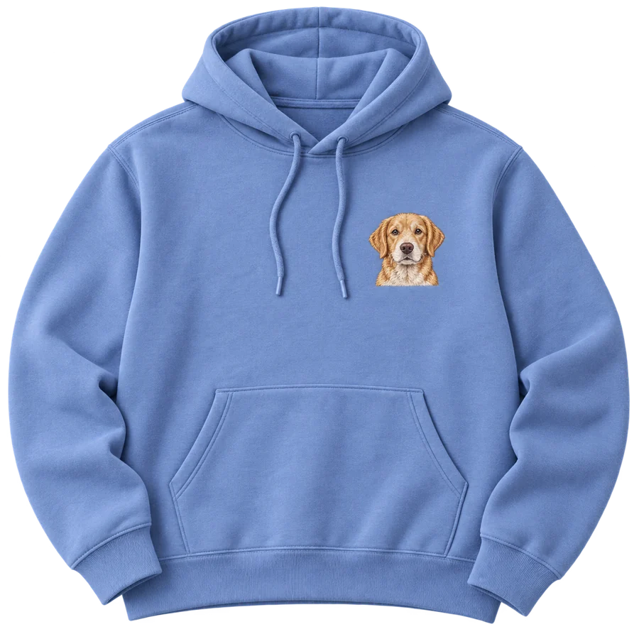 Illustrative periwinkle hoodie with a front-facing embroidered dog portrait