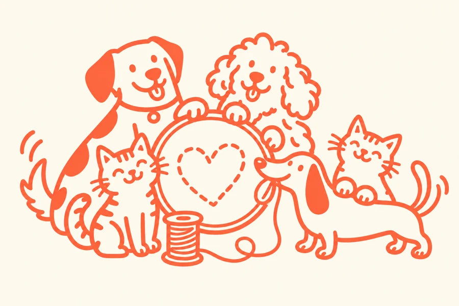 Playful drawings of dogs, cats and sewing details