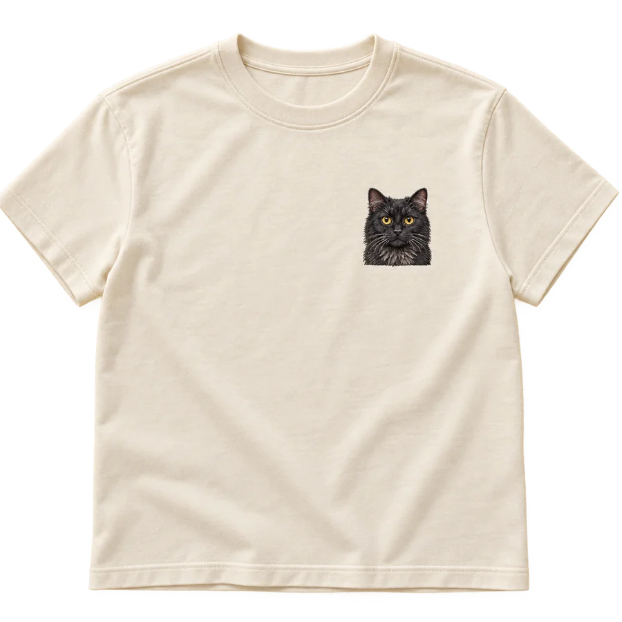 Illustrative cream tee with a front-facing embroidered pet portrait